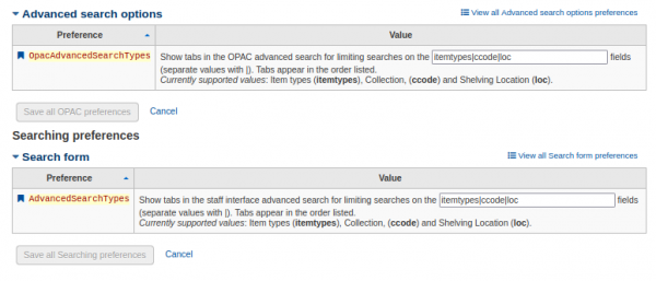 OPACAdvancedSearchTypes and AdvancedSearchTypes system preferences both with the values of itemtypes ccode loc