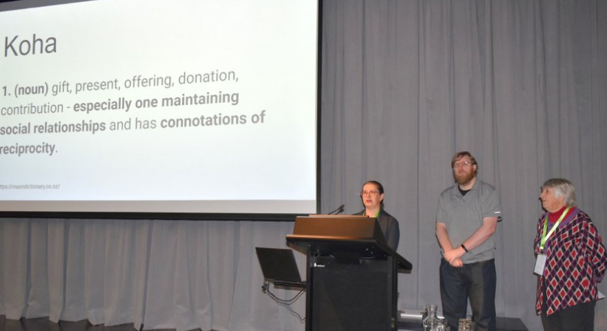 Three members of the original Koha project team presenting at KohaCon 2020. Rachel Hamilton Williams Chris Cormack Rosalie Blake