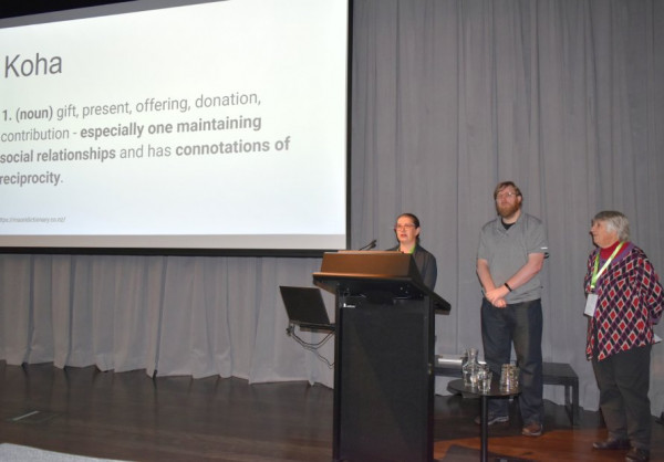 Three members of the original Koha project team presenting at KohaCon 2020. Rachel Hamilton-Williams, Chris Cormack, Rosalie Blake